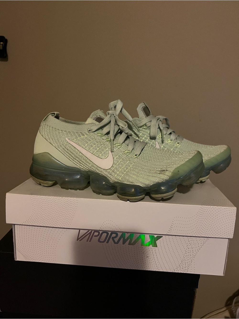 Nike Women’s VaporMax Flyknit Sneakers - Mint Green with Pale Pink Swoosh